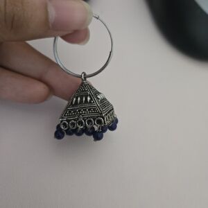 Desi Indian Pakistani Antique Silver-Tone Jhumka Earrings with Navy Beads